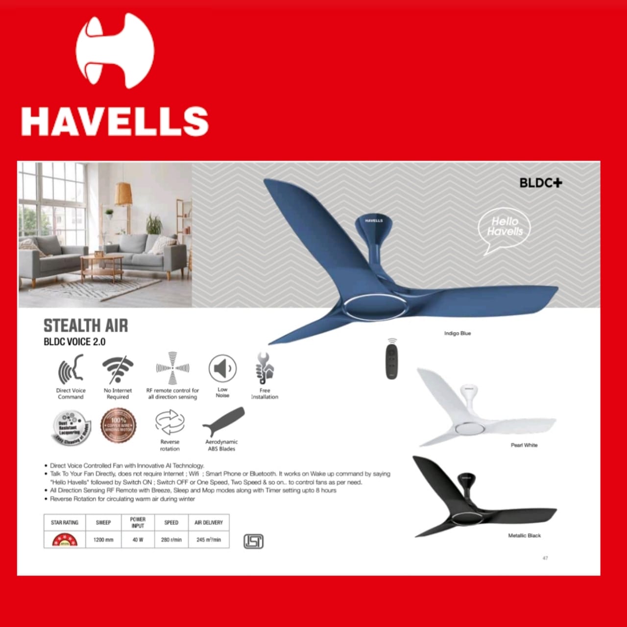 Havells - BLDC+ Premium Ceiling Fan 1200mm-Stealth Air (5 Star). - Image 2